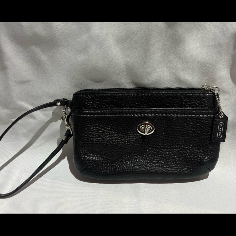 Coach Black Pebbled Leather Turnlock Wristlet with Zip